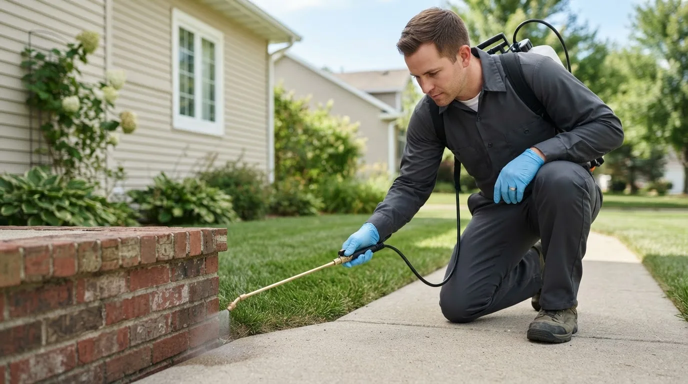 Pest control technician treating a home near Plain City, OH