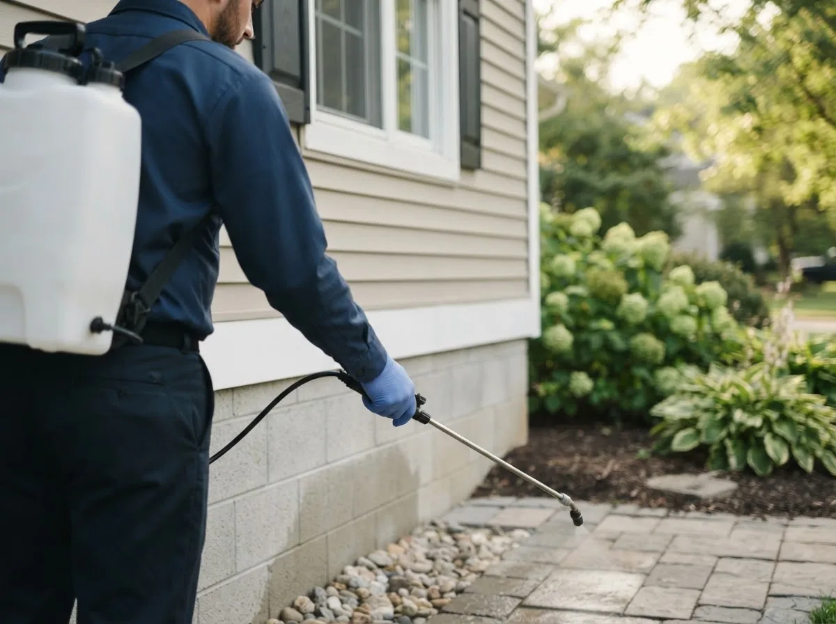 Pest control technician inspecting a home in Plain City, OH